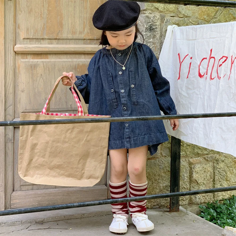 

2023 Autumn Kids Clothing Girls Dress Korean Jeans Loose Japanese Casual Long Sleeve Standing Collar Solid Color Single Breasted