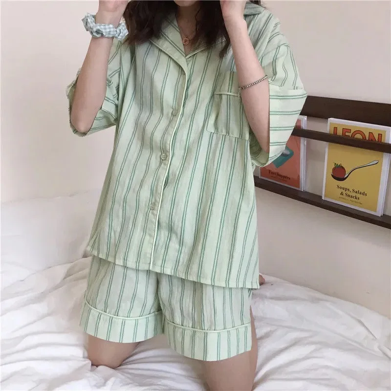 Pajamas for Women Summer Korean Sweet Sleepwear Girls Striped Lapel Home Clothes Kawaii Plus Size Loose Pijama Ladies Pyjama Set