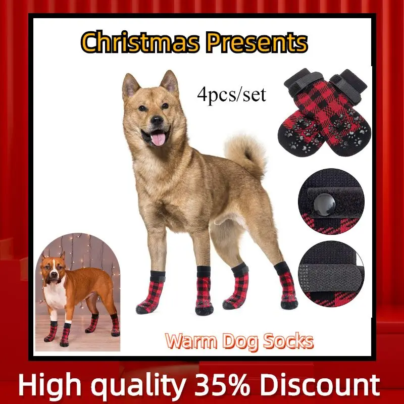 

4pcs/set Christmas Pet Socks Red Black Plaid Print Winter Warm Anti-Slip Knit Socks Thick Paw Protector Shoes Booties Chihuahua