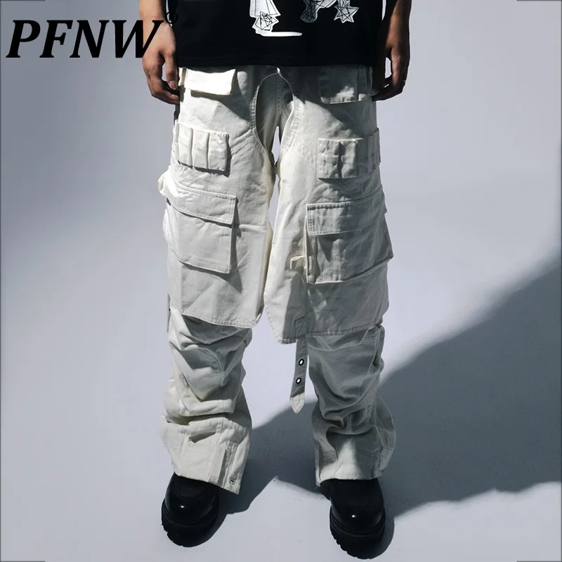 PFNW Spring Summer New Men's Multi-pockets Pleated Cargo Pants Fashion Niche Slim Belt Fake Two Pieces Straight Trousers 28A2570
