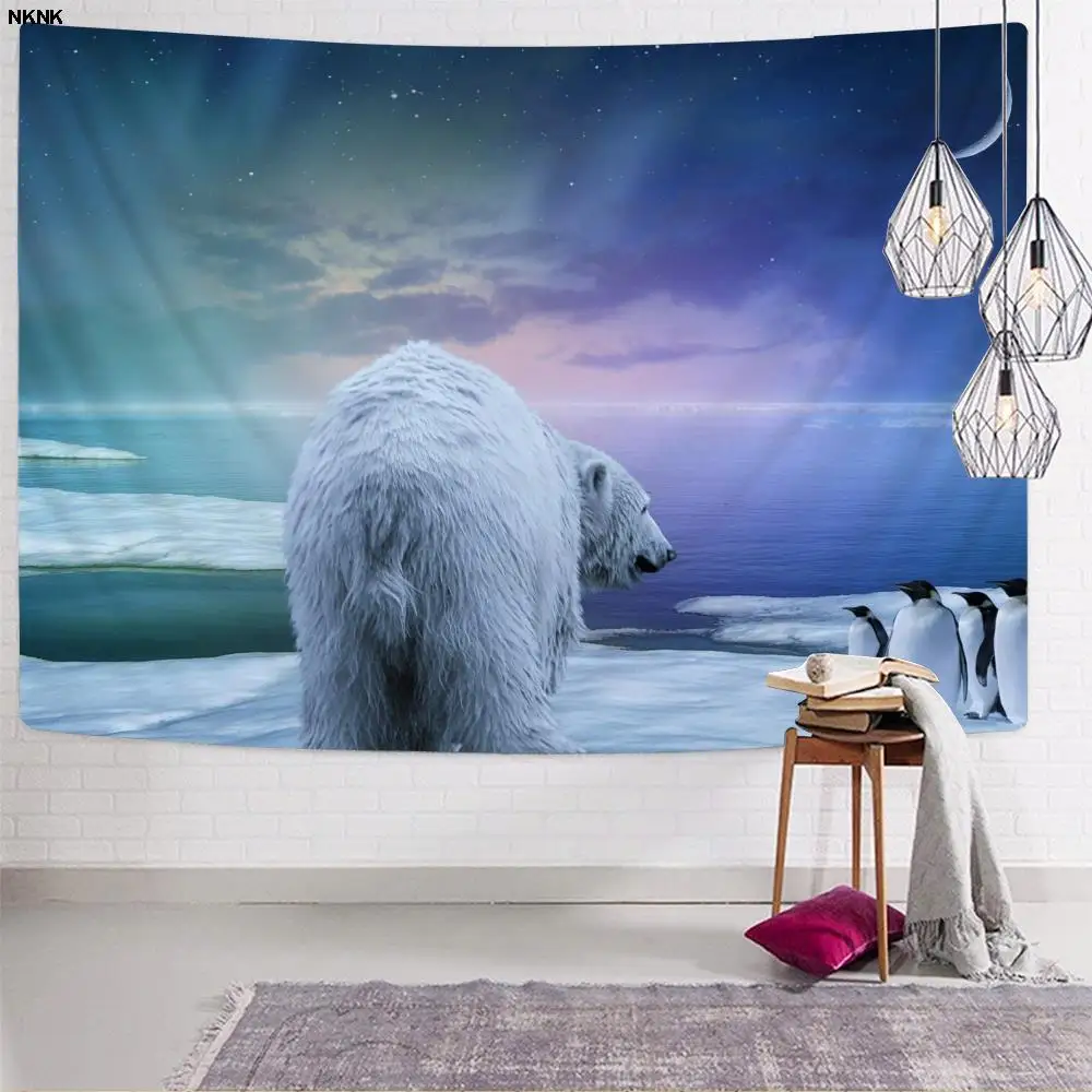 Фото NKNK бренда Aurora Tapiz с северным светом, 3D-печать, рисунок в стиле Триппи, мандала, белый медведь, гобелены, пингвин, домашний декор №2
