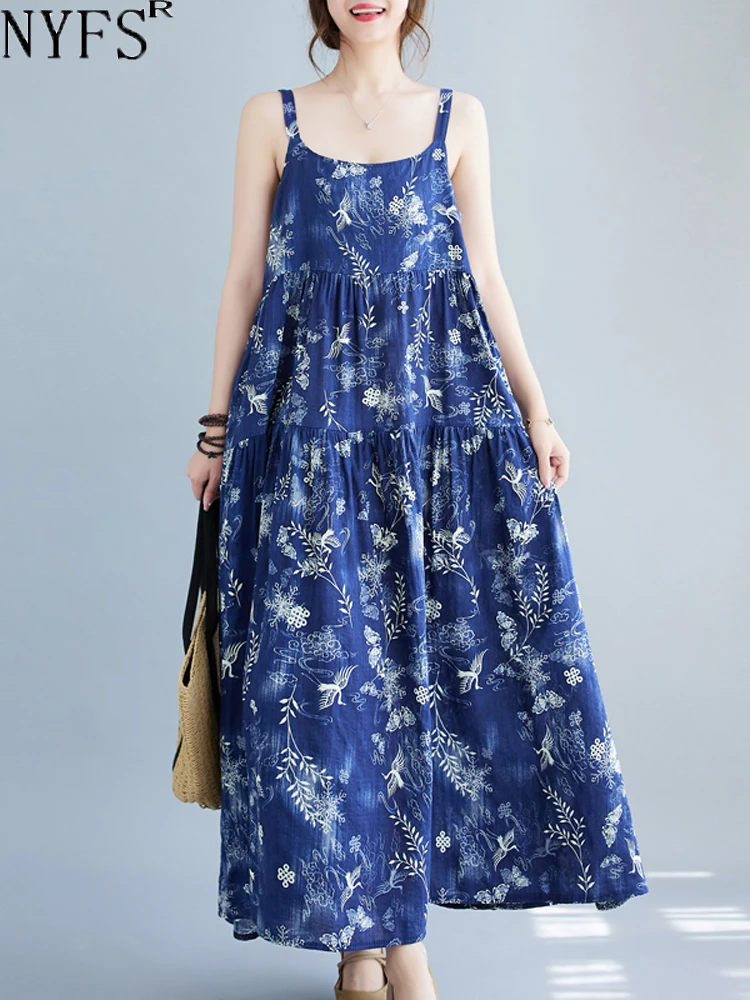 

NYFS 2023 Summer New Office Lady Woman Dress Vestidos Robe Elbise Loose Plus Size Botanical Print Suspenders Long Dress