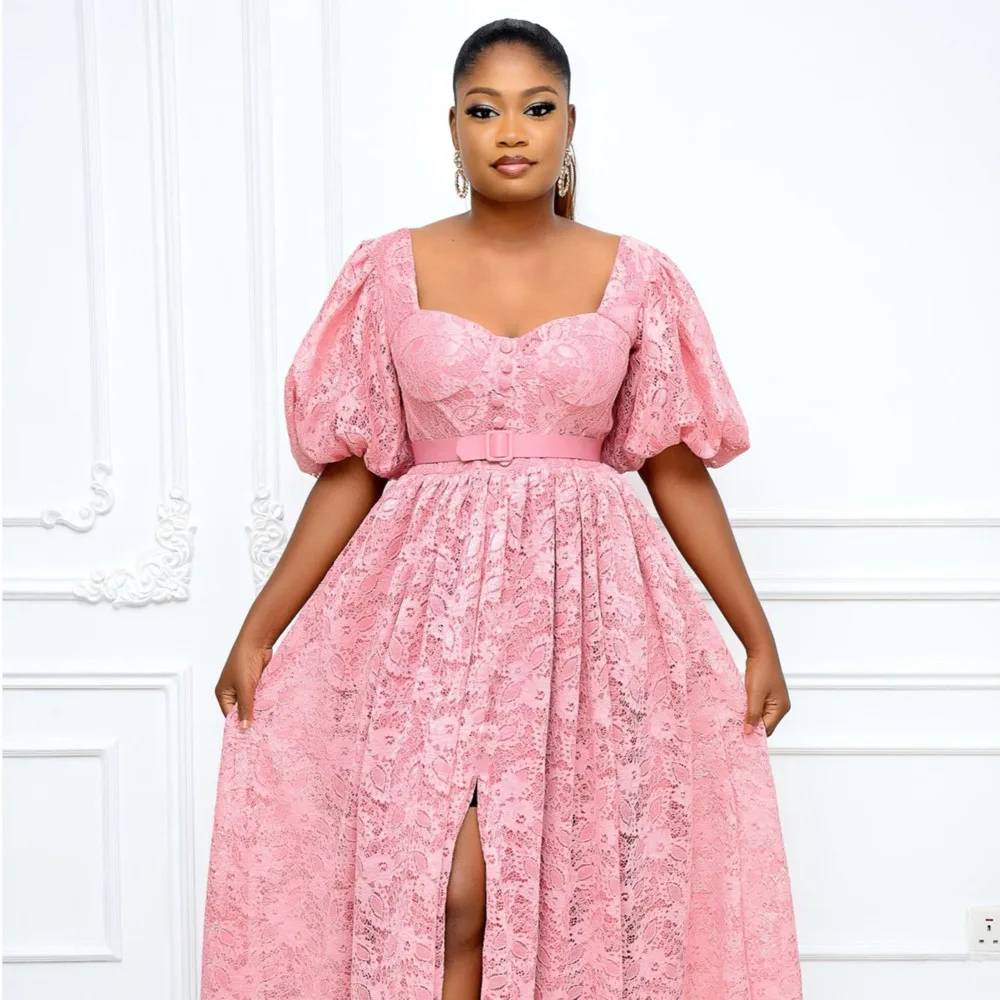 Party Dresses New High-waisted Temperament Lady Pink Dress Fashion Princess Dress Solid Elegant Plus Size Woman Dress NO BELT
