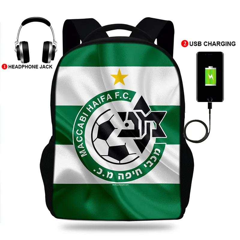 

High Quality Israel Maccabi Haifa FC USB Charging Backpack Boys/Girls Travel Bag For Teenagers School Bag For Students