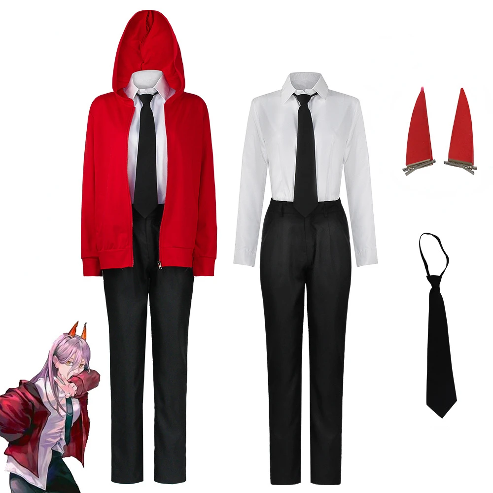 

Anime Chainsaw Man Power Cosplay Costume Red Jacket Hoodies Pants Devil Horn Hair Halloween Birthday Party Uniform Outfits Gifts