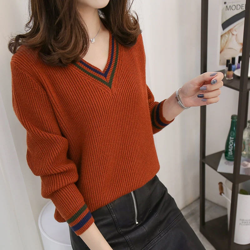 

2022 new color contrast sweater casual loose hedging stitching V-neck warm knit bottoming chic stretch sweater spring and autumn