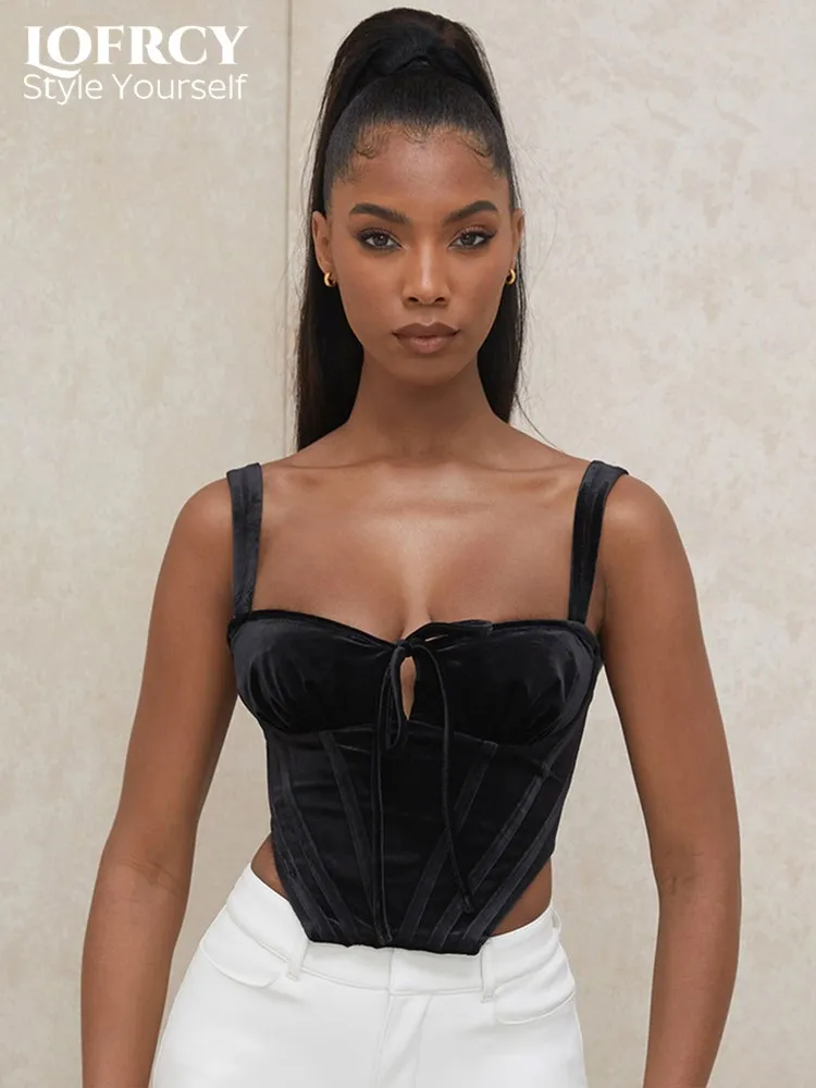 

Модный сексуальный черный топ Lofrcy, Женская шикарная блузка без рукавов в готическом стиле для клувечерние, бархатный укороченный топ-корсе...