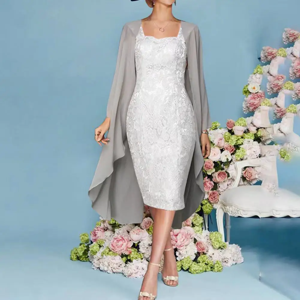 

1 Set Office Lady Cardigan Dress Lace Slim Summer Pure Color Temperament for Party