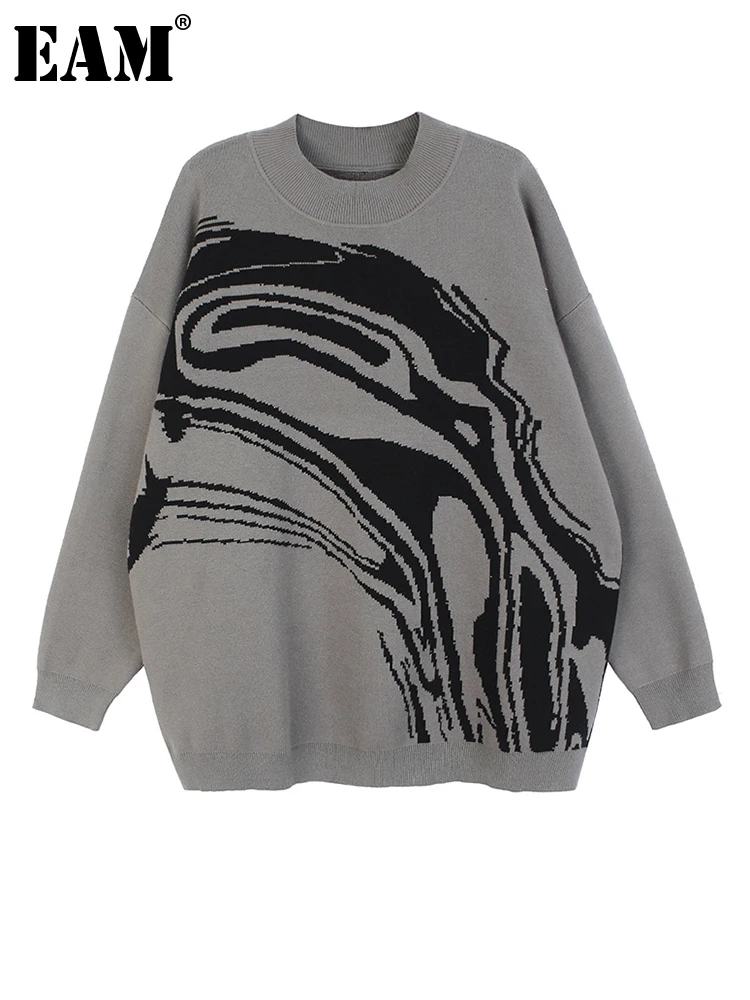 

[EAM] Gray Pattern Big Size Knitting Sweater Turtleneck Long Sleeve Women Pullovers New Fashion Tide Autumn Winter 2023 1DF3262