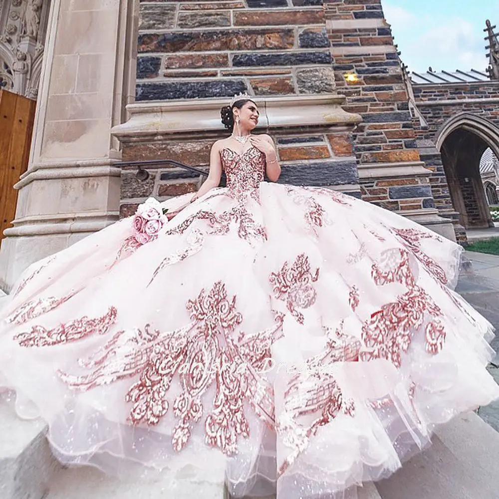 

Розовое кружевное платье с блестками и аппликацией, бальное платье для девушек, блестящее платье для выпускного вечера, 7 лет, платье для девушек XV лет