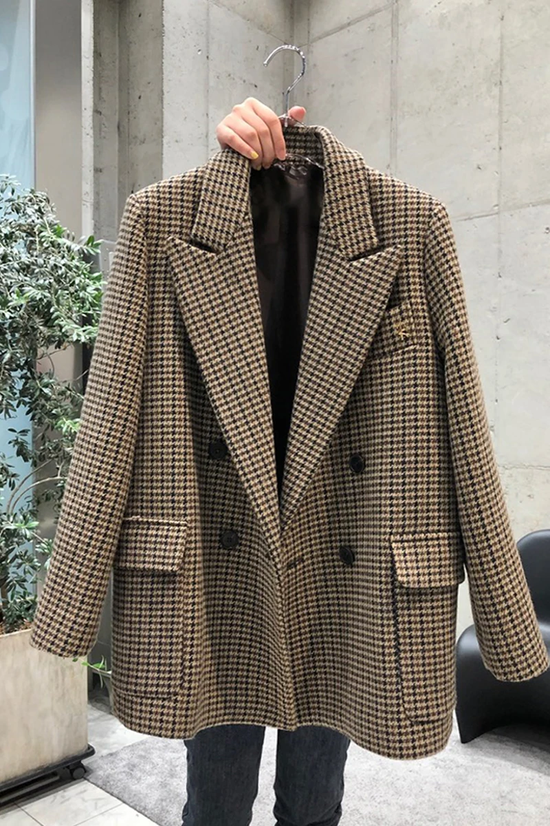 Fashion Plaid Retro Suit for Women 2023 Spring and Autumn New Korean Style Elegant Straight Long Sleeve Single-Breasted Jacket