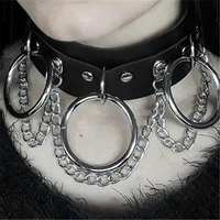 black studded three o rings and chain vegan leather collar choker o ring chain choker goth choker leather harness steampunk