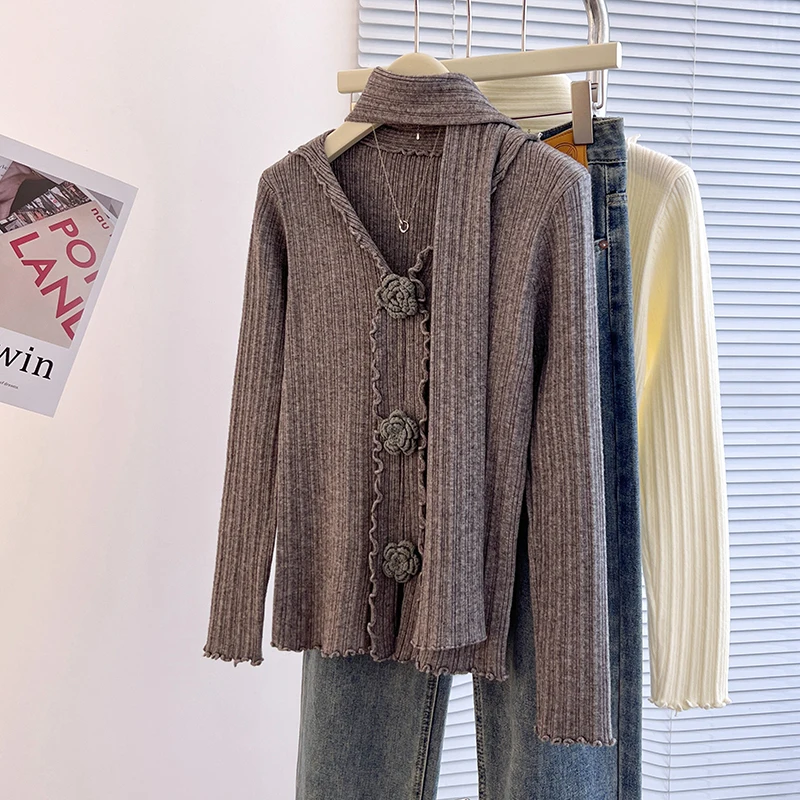 Мягкие клейкие пуловеры с v-образным вырезом женские топы объемными цветами и