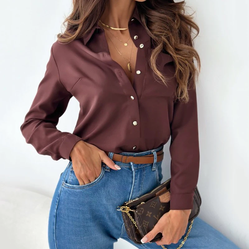 

Fashion New Casual Elegant Slim Sliod Color Women Shirts 2023 Autumn Simple Long Sleeve Single Breasted Office Ladies Blouses