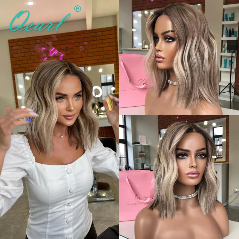 Lace Front Human Hair Wigs Ash Blonde Highlights Light Brown 13x4 Lace Frontal Wig Natural Wave Cheap Bob Wig Free Ship Qearl