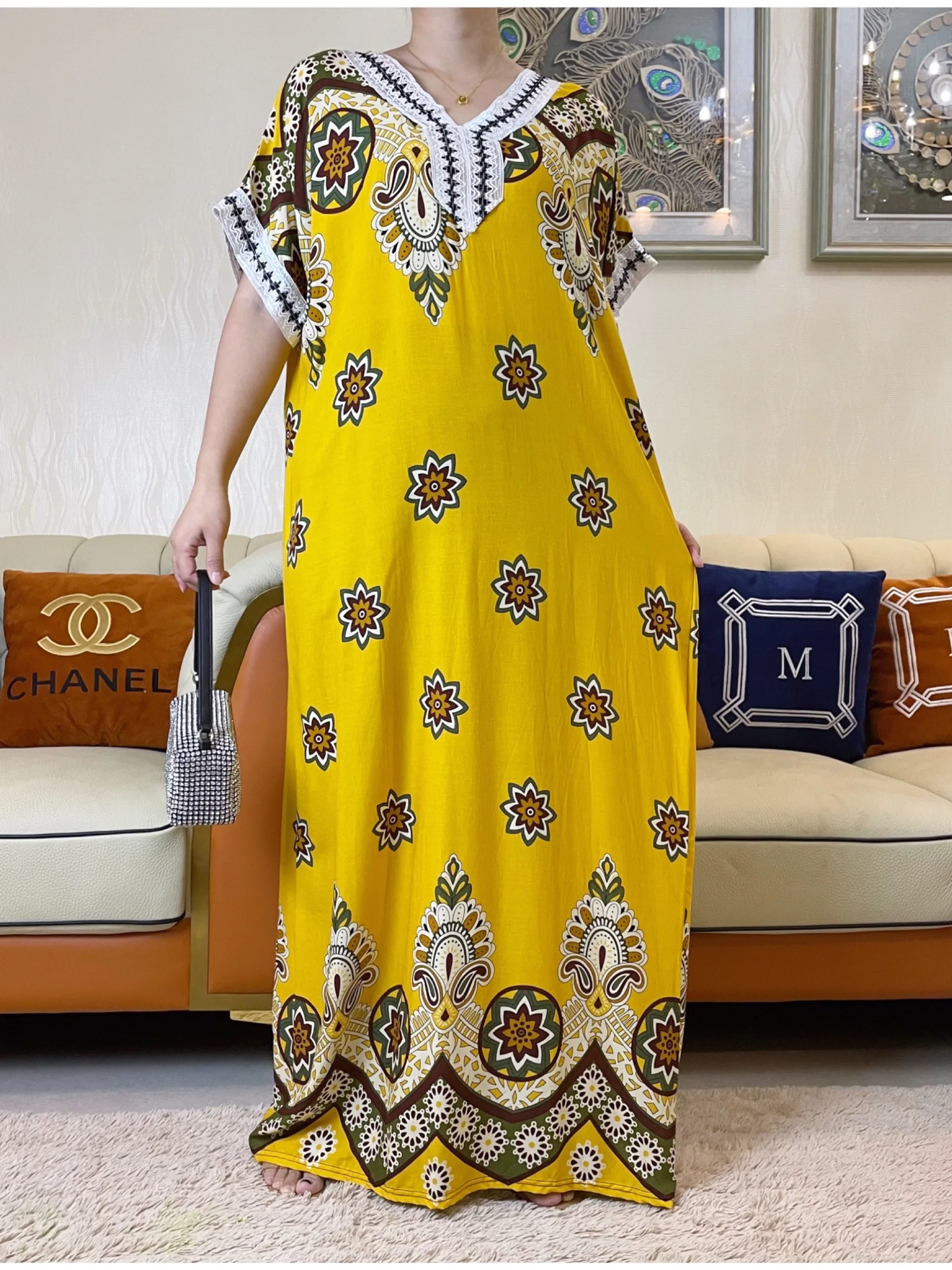 2023 New African Cotton Abaya Colorful Print Floral Short Sleeve Loose Style Dashiki Dubai V Neck Stripe Long Lady Dresses