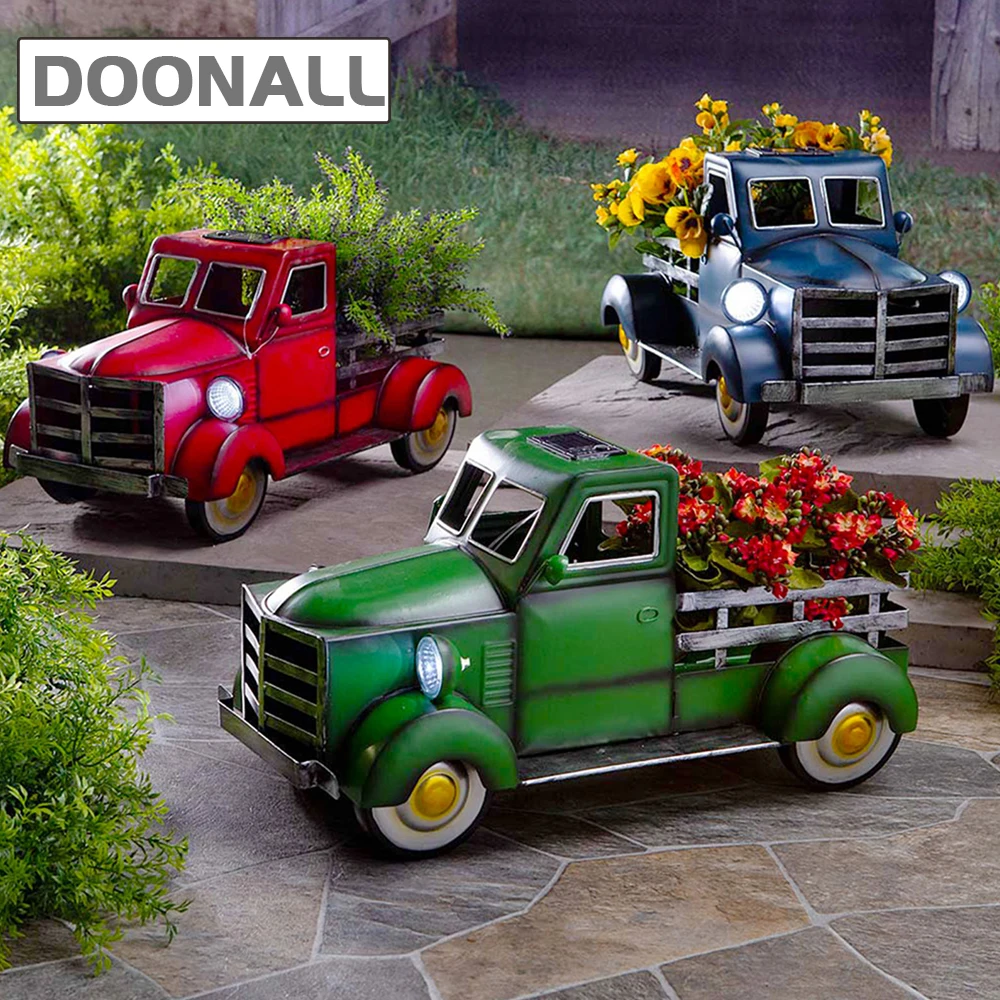 

Solar Pickup Truck Flower Pot with Car Light, Retro Style Vintage Metal Truck Planter, Planter Truck Bed, Plant Succulent Pots