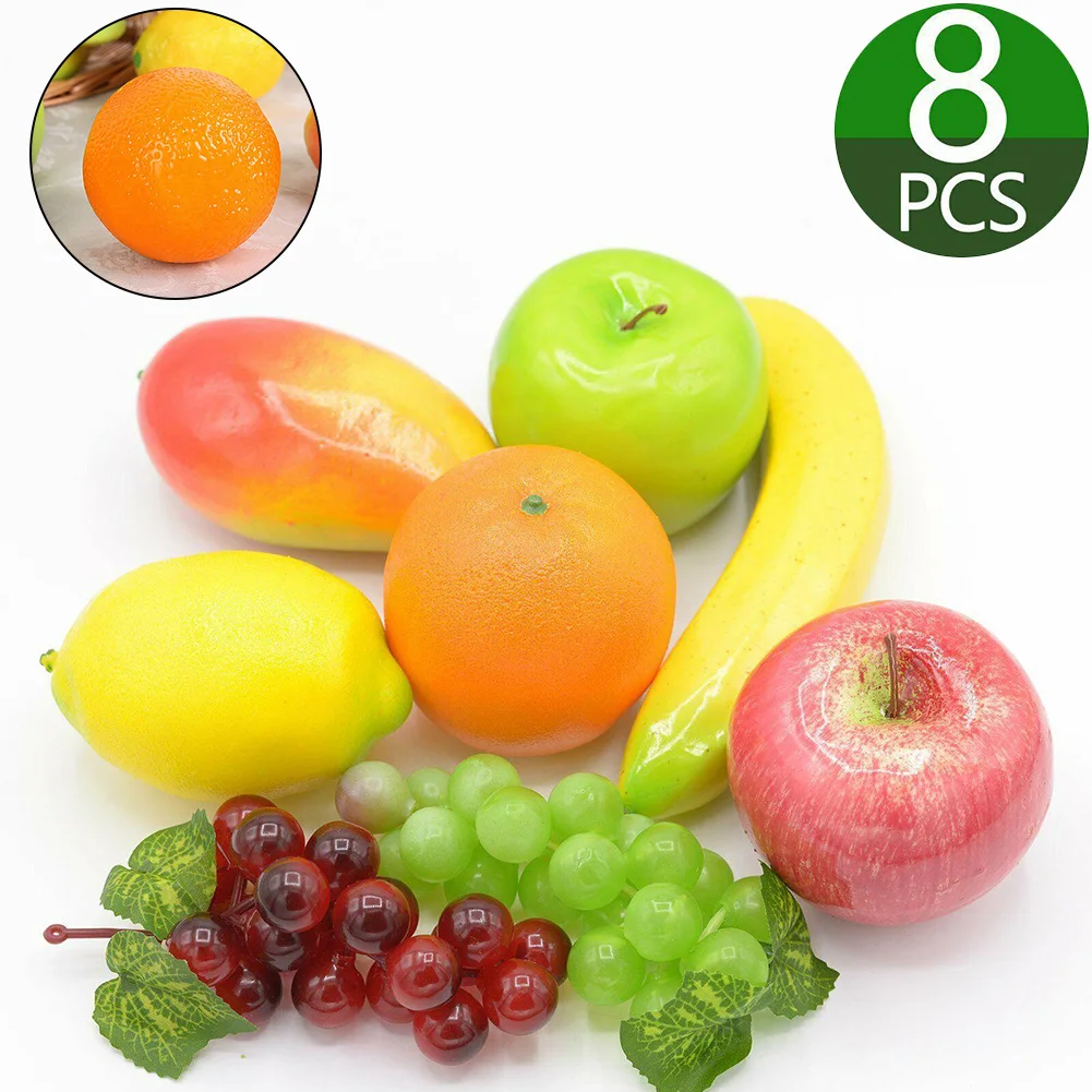 

8PCS Artificial Fruits And Vegetables Home Decoration Fake Orange Apple Pear Grape Lemon Ornament Food Photography Props
