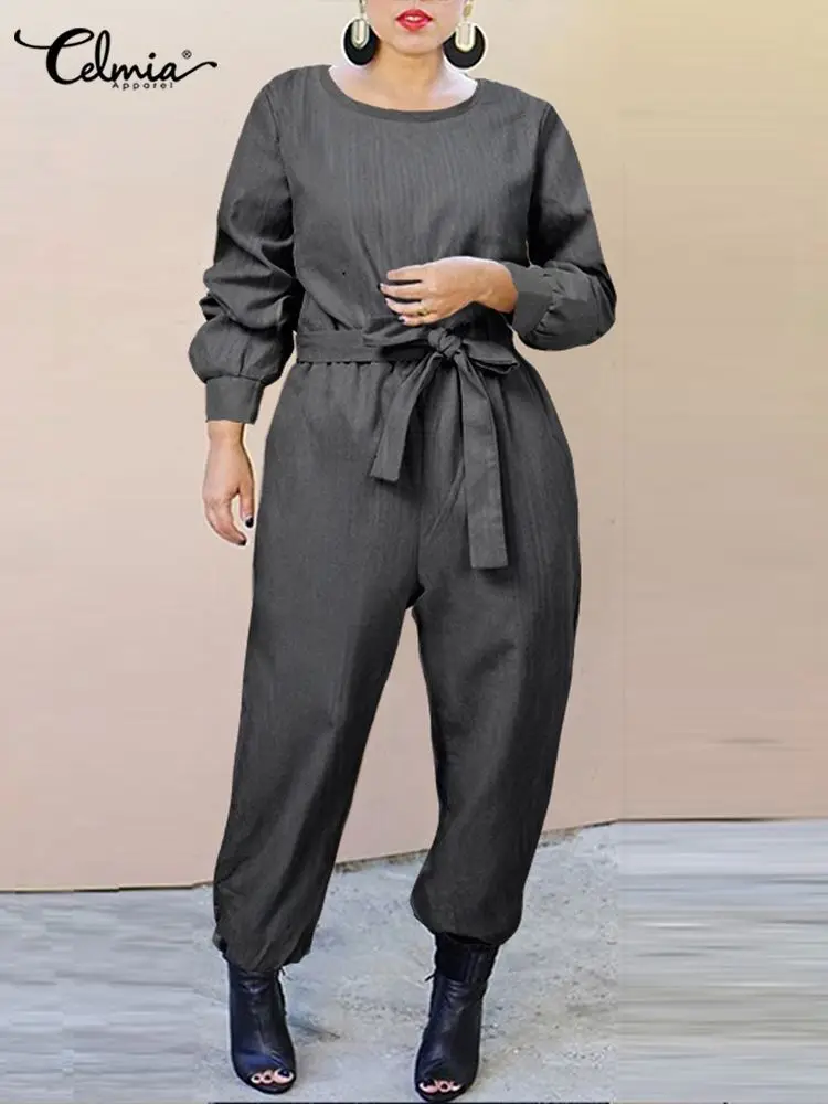 

Celmia Long Sleeve Streetwear Jumpsuits Vintage Belted Casual Corduroy Long Rompers Harem Pants Women 2023 Fashion Overalls