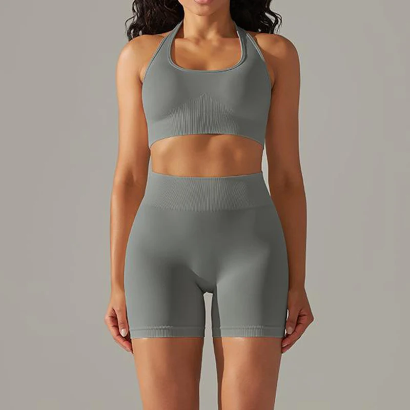 Женский однотонный бесшовный спортивный костюм из двух предметов
