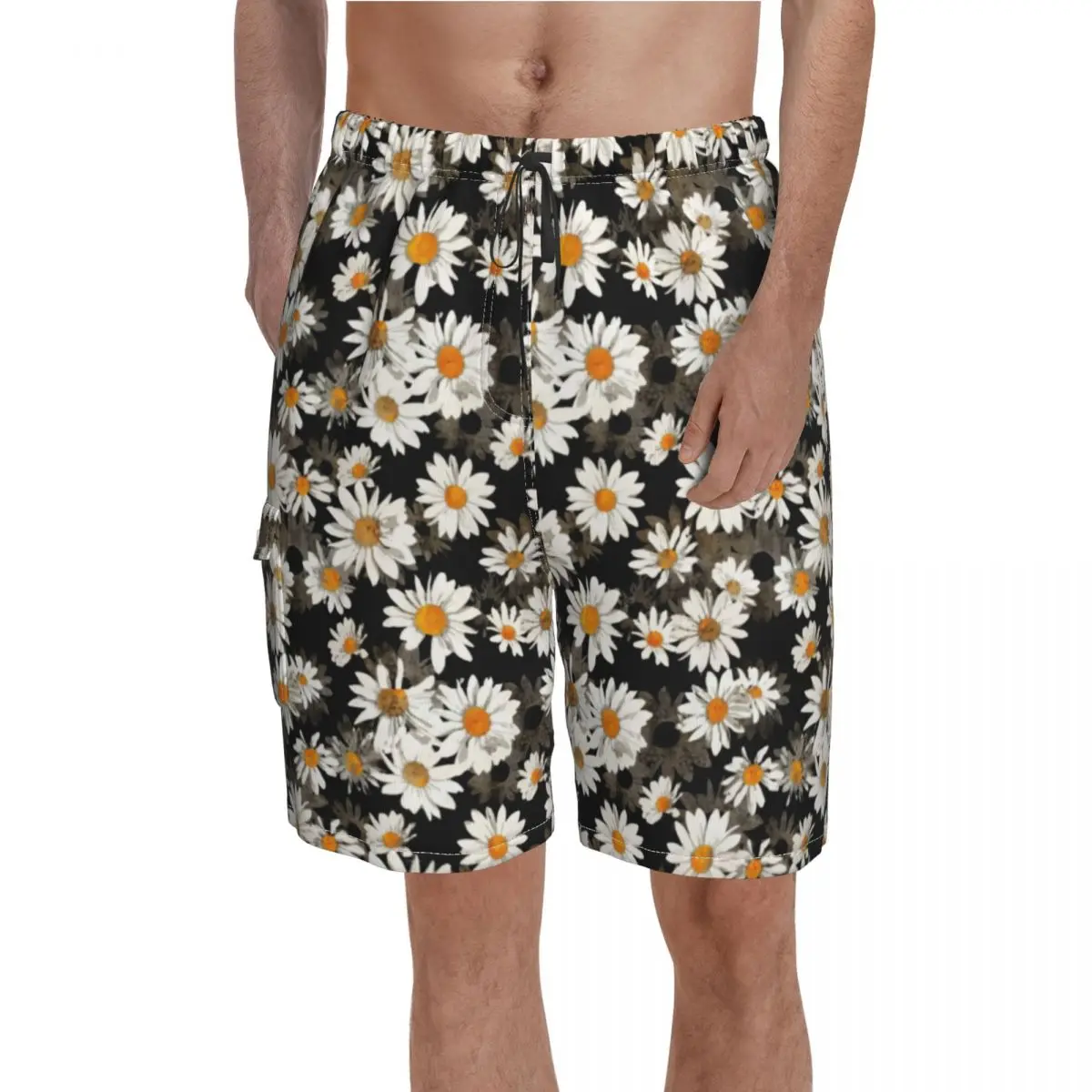 

Chic White Daisies Board Shorts Blossom Floral Pattern Beach Shorts Drawstring Funny Print Swim Trunks Plus Size