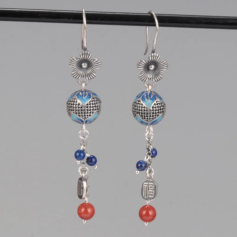 

925 Sterling Silver Small Flower Long Tassel Earrings Female Retro Ethnic Enamel Hollow Ball Red Agate Hanging Earrings EH176