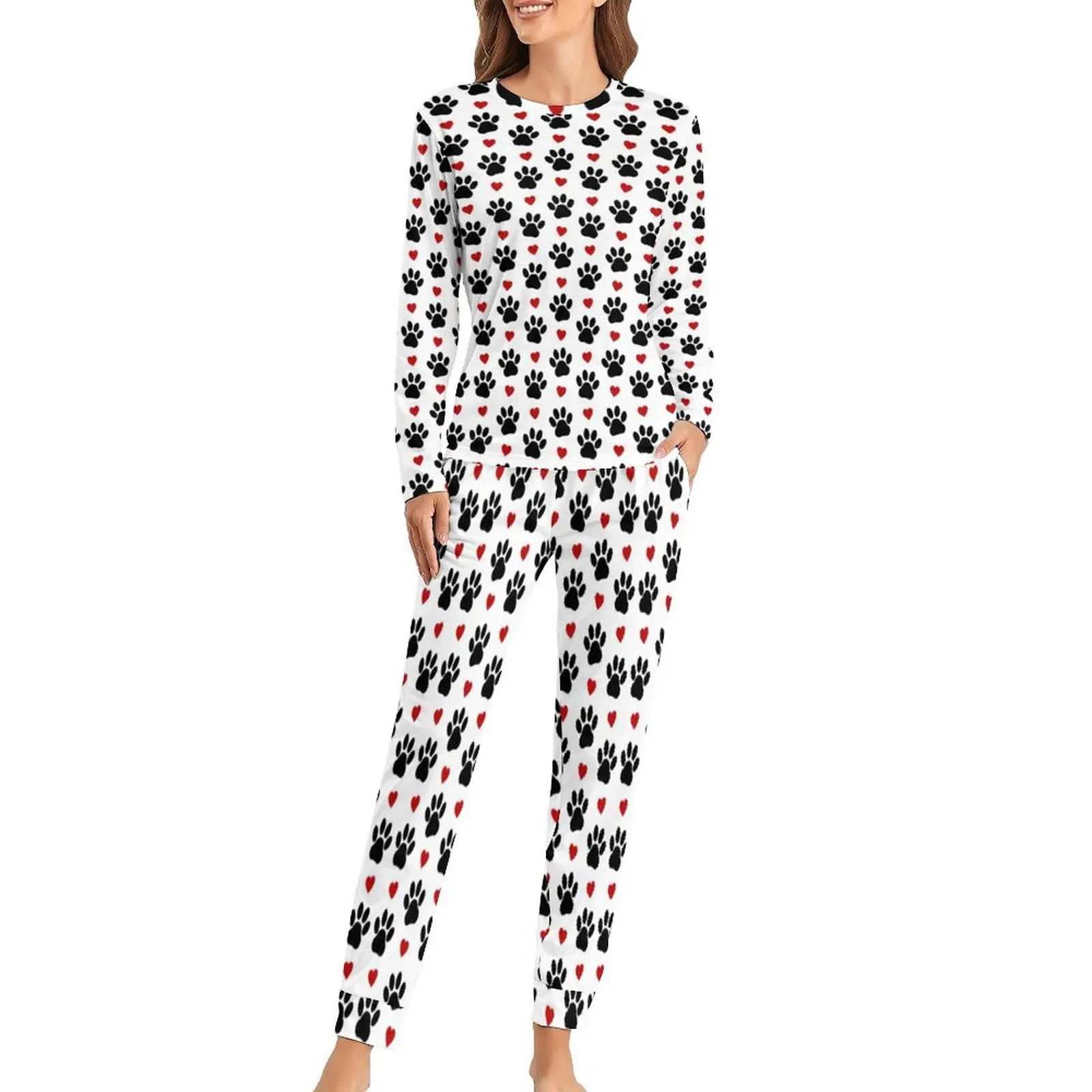 

Cute Red Heart Pajamas 2 Piece Black Paws Print Warm Pajamas Set Womens Long-Sleeve Bedroom Nightwear Autumn Graphic Home Suit