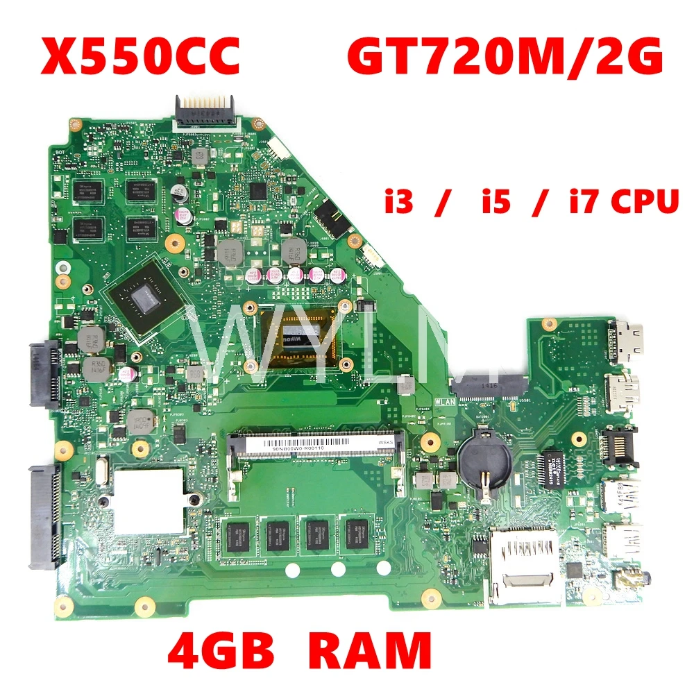 

X550CC Motherboard i3/i5/i7 CPU 4GB RAM GT720M 2GB For ASUS X552C R510C R510C Y582C Laptop Mainboard X550C Mainboard 100% Tested