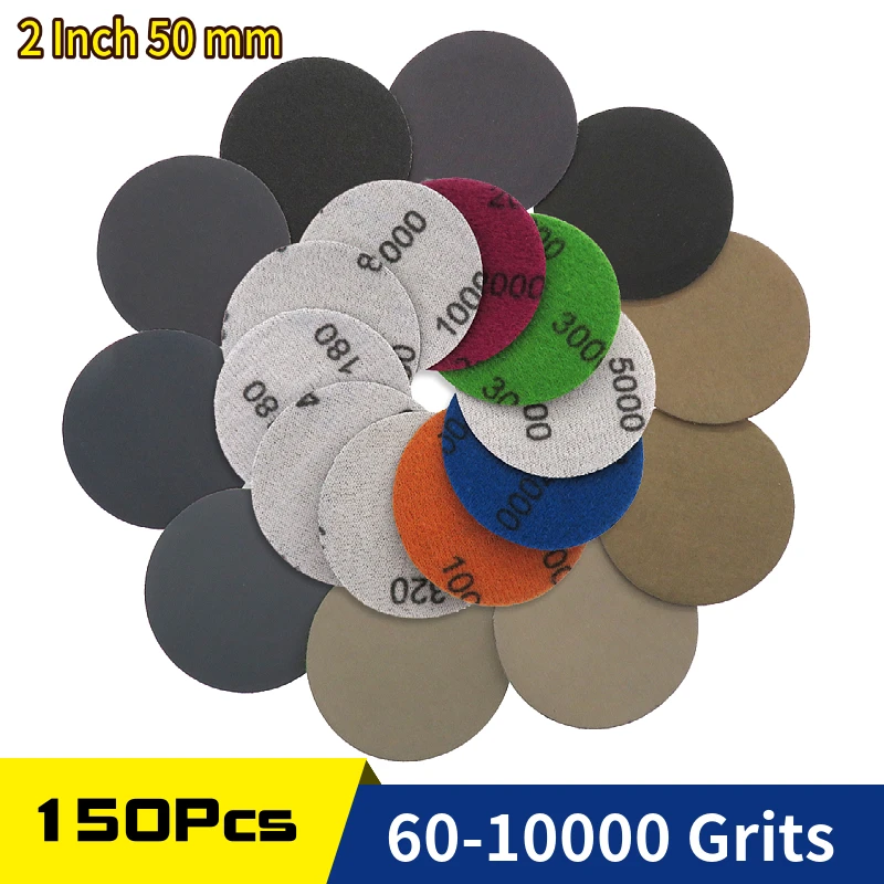 

150Pcs 2 Inch Waterproof Sandpaper 50mm Sanding Discs Hook Loop Wet/Dry 60 -10000 Grit For Car Metal Phone Wood Polishing