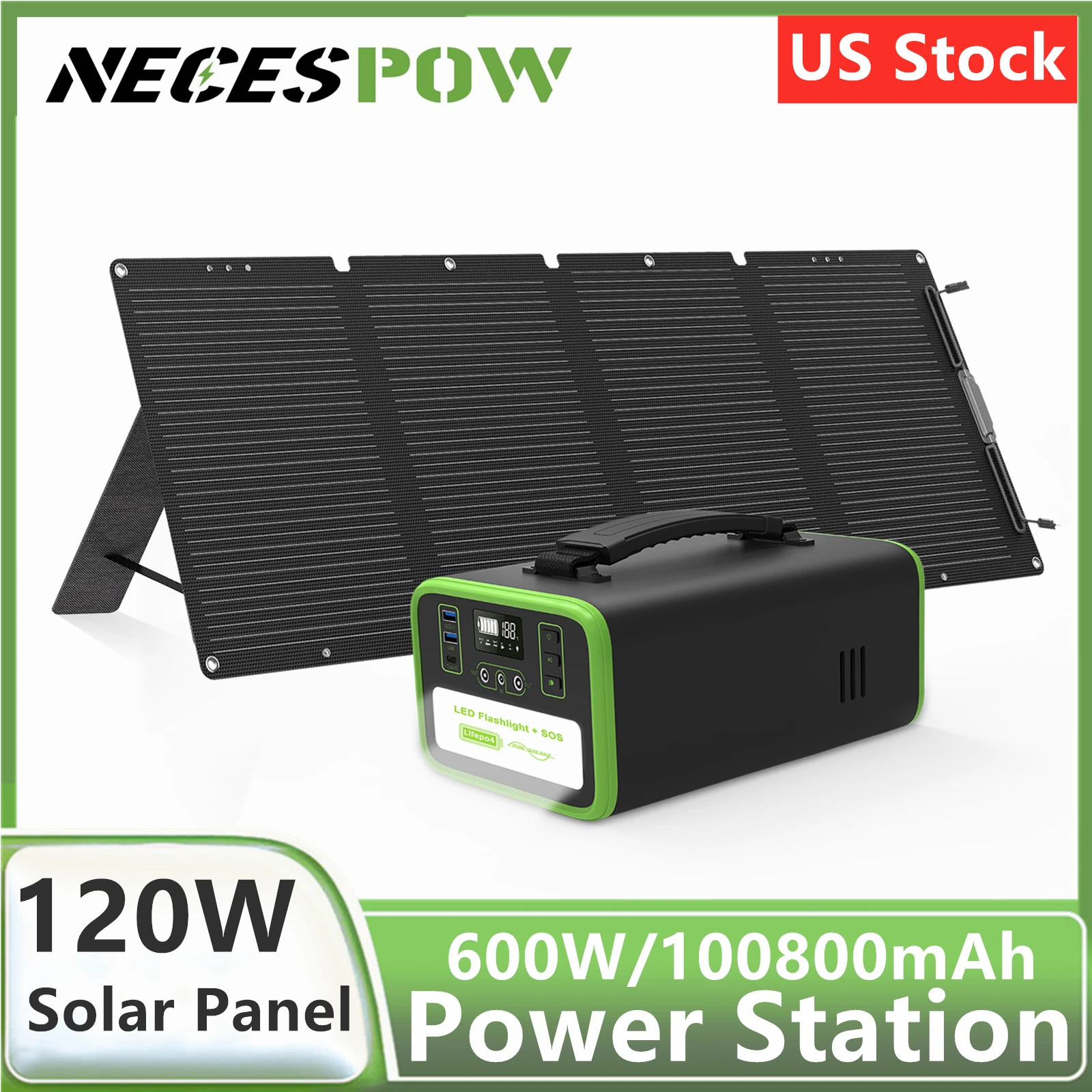 

NECESPOW 300W Portable Power Station 120W Solar Panel,322Wh/108000mAh Lifepo4 Battery Backup Generator Charger for Home Outdoor