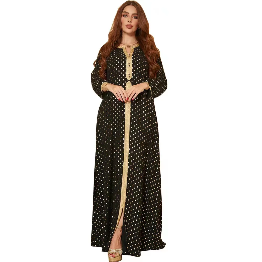Длинное платье с золотым принтом, арабское элегантное мусульманское платье Jalabiya, Дубай, абайя, женское мусульманское, Марокканское, кафтан, ...