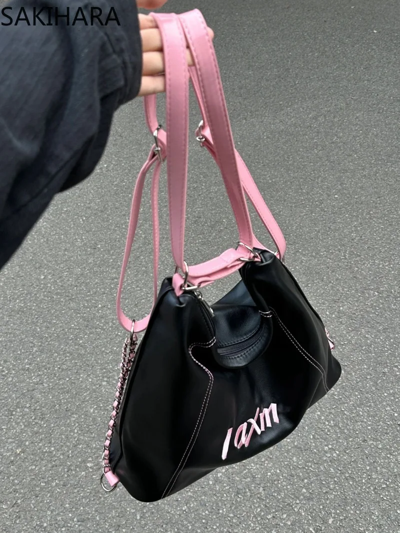 

SAKIHARA American Y2K Letter Embroidery New Arrive Shoulder Bag Women Large Capacity PU Leather Contrast Color Bolsa Feminina