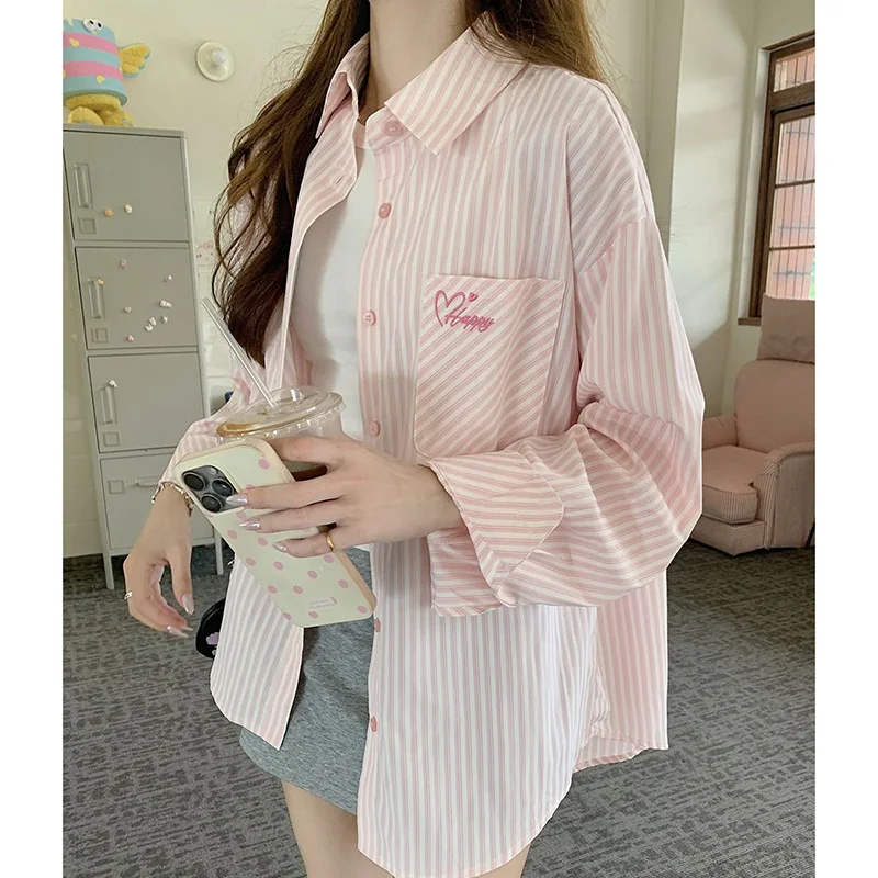 Розовая рубашка с вышивкой женская полосатая однобортная свободная прямая