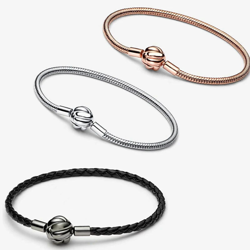 

New Concentric Braided Leather Bracelet Silver Bracelet 925 Sterling Silver Original Diy Hot 2022 Women's Jewelry