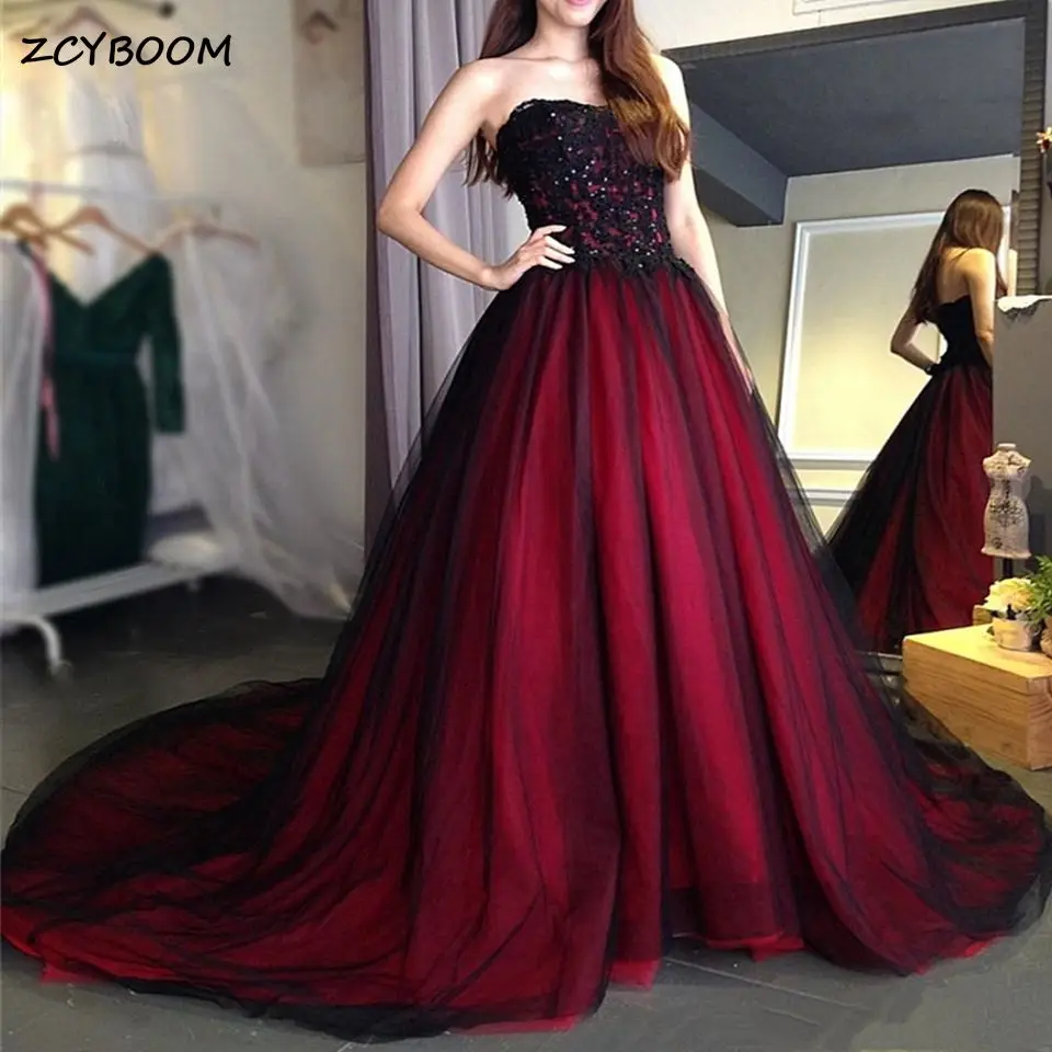 

Charming Gothic Burgundy Strapless Formal Evening Dress 2023 A-Line Sweetheart Lace Appliques Backless Prom Gowns Robe De Soirée