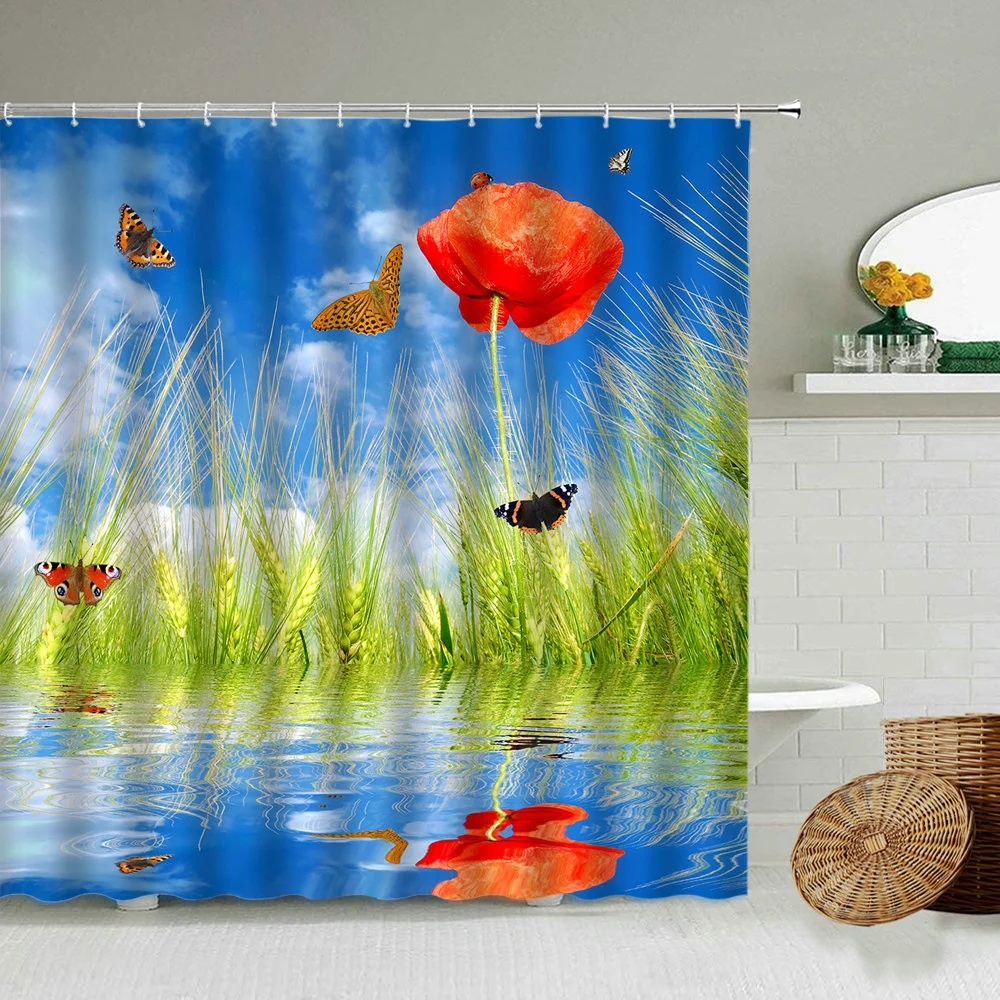 

Pastoral Scenery Shower Curtain Tulip Flower Plant Butterfly Blue Sky White Cloud Water Pattern Waterproof Polyeste Bath Screen