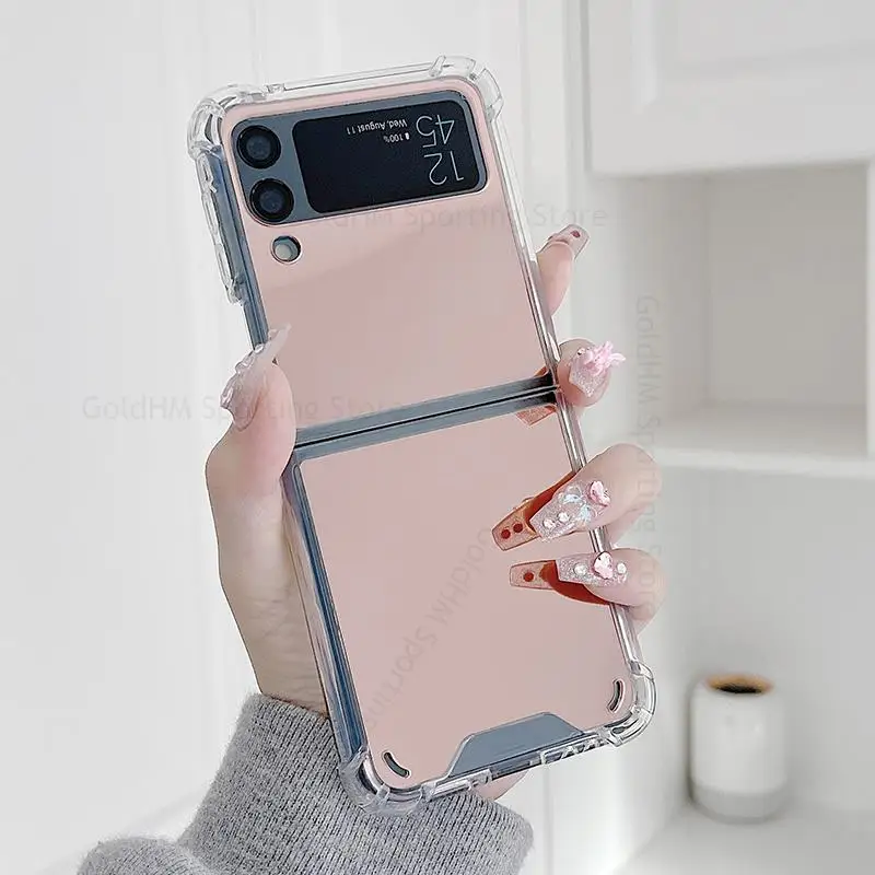 

Makeup Mirror Laser Phone Case For Samsung Z Flip3 5G Four Corners Shockproof Clear Bumper Cover For Galaxy Z Flip 3 SM-F711B 5G