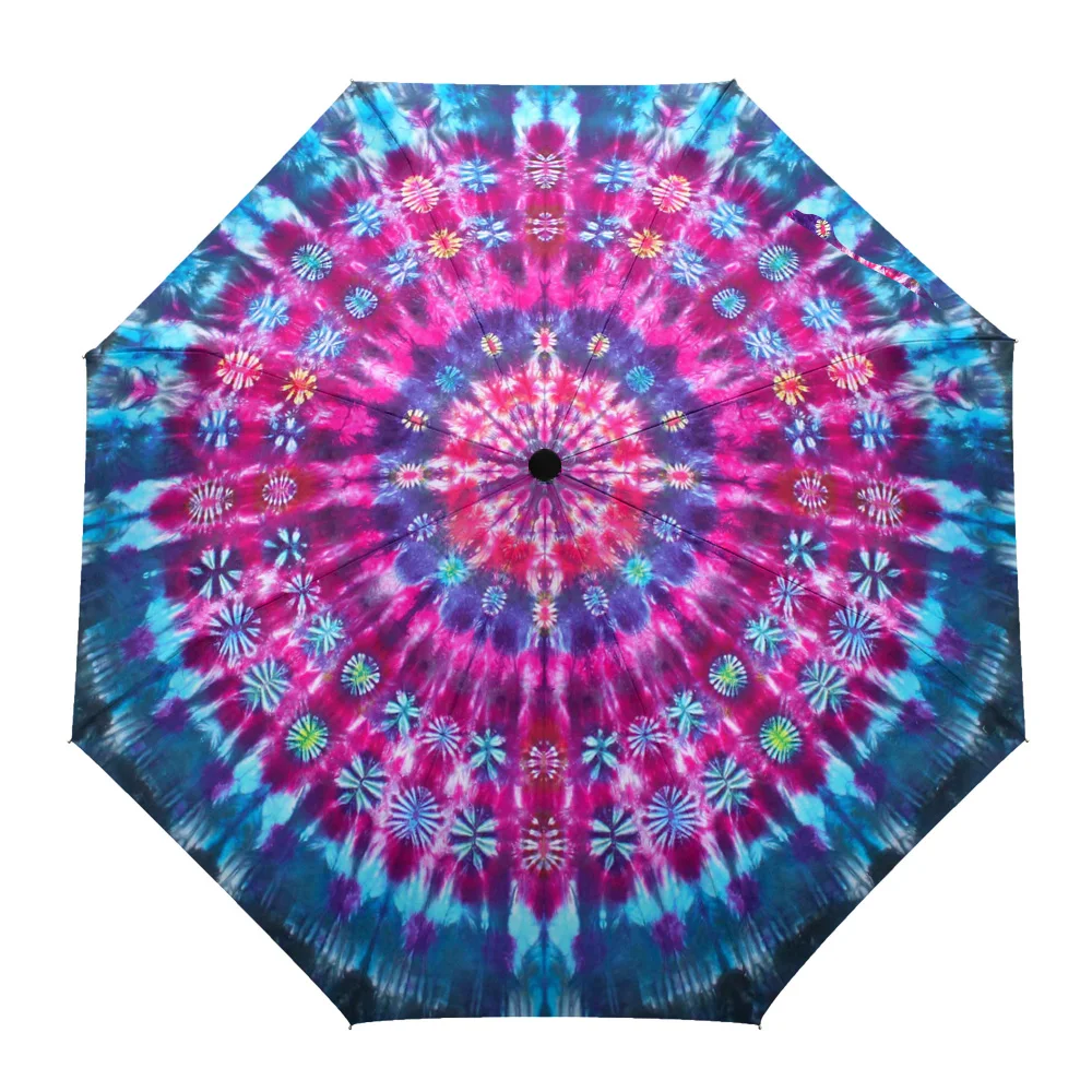 

Color Retro Tie-Dye Automatic Umbrella Men Women Rain Windproof Outdoor Travel Sun Three Folding Umbrellas 8 Ribs Gift Parasol