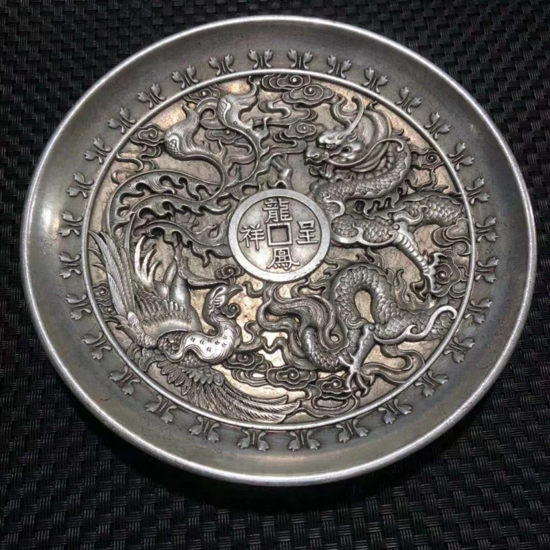 

Antique Bronze Silverware White Cooperized Silver Plate Silver Plate Prosperity Brought by the Dragon and the Phoenix Cooperized