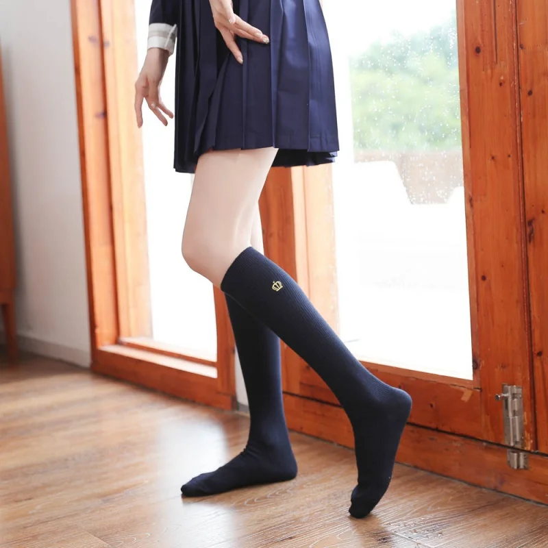 Long Tube Knee Length Socks Japanese Thigh High Socks Cotton JK Calf Socks Crown Embroidery Tube Socks Vintage Students' Socks L