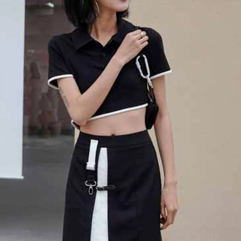 

Y2k Lapel Short-sleeved T-shirt Female Spring 2021 Fashion Sexy Slim Gothic Backless Button Short Hot Girl Top Clothing Women