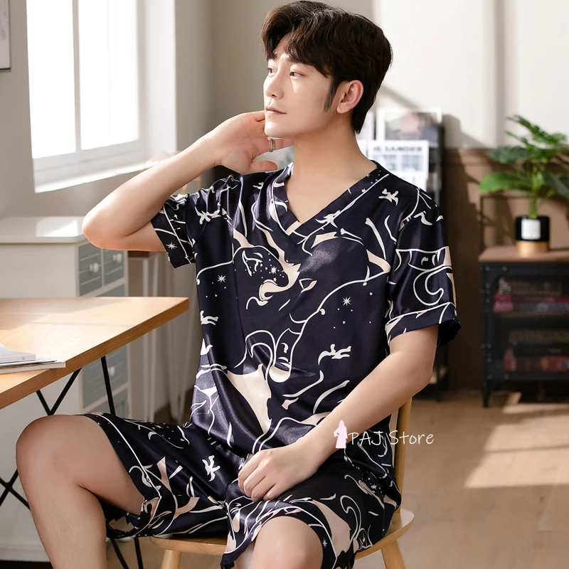 Summer Pajamas 3XL Men Silk Satin Pullover Shorts Two Piece Set Sleepwear Man Pajama Home Clothes Nightwear Men Sleep Lounge