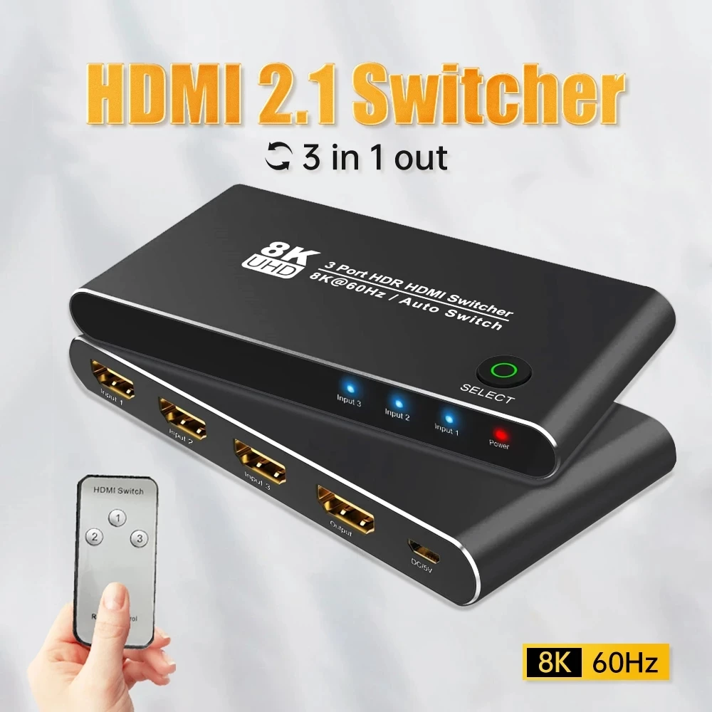 

Коммутатор 8K HDMI-совместимый с выходом 3 в 1 с пультом дистанционного управления 8K @ 60 Гц 4K @ 120 Гц 48 Гбит/с HDCP2.2/2,3 для PS5 Xbox X