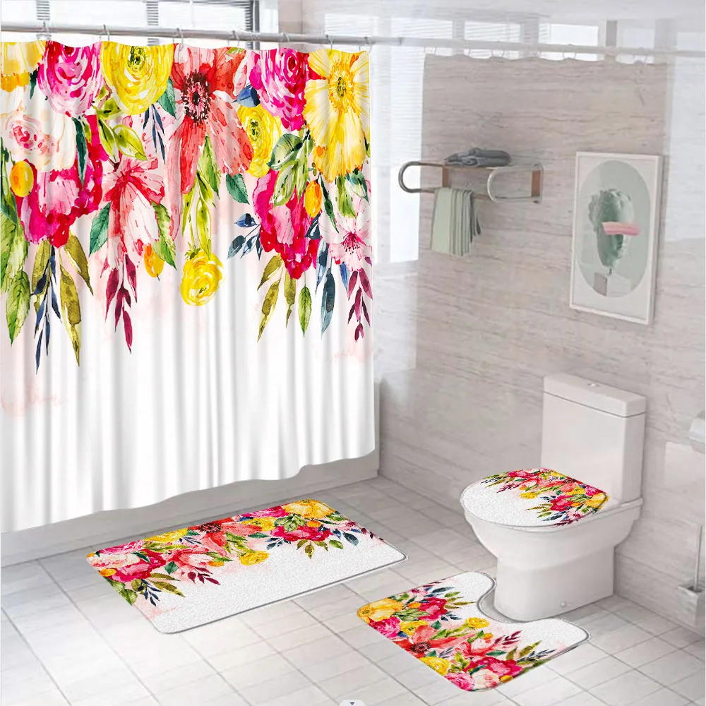 

4Pcs Floral Shower Curtain Set Watercolor Flower Garden Girls Bathroom Curtains Non-Slip Bath Mat Carpetl Rug Toilet Seat Cover
