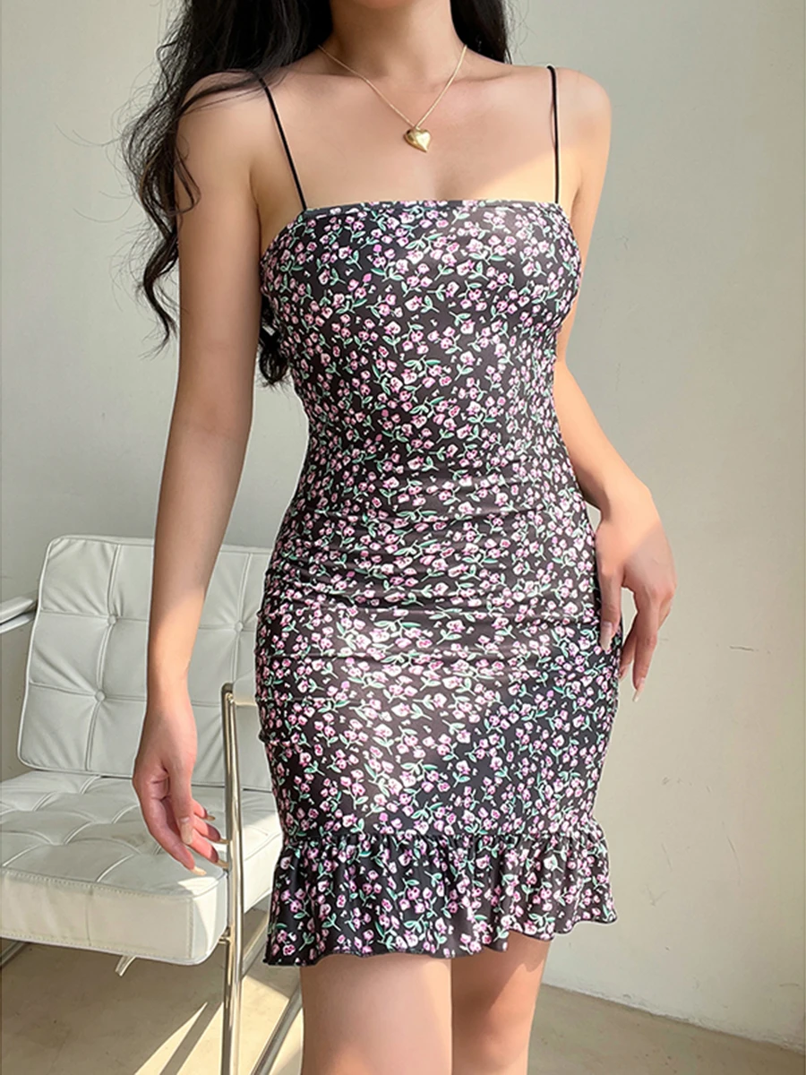 

Women Summer Dress Spaghetti Strap Backless Sleeveless Off Shoulder Floral Print Casual Party Club Street Wrapped Short Dress