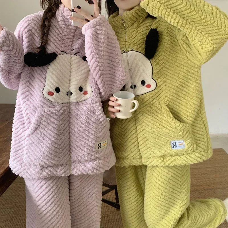 

Pochacco Anime Sanrio Kawaii Plush Pajama Cute Winter Thickened Flannel Warm Comfort Homelike Bathrobe Set Birthday Girl Gift