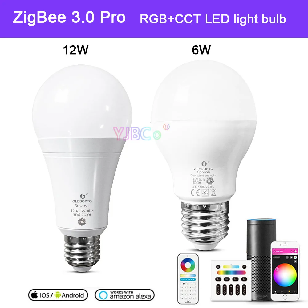 Gledopto ZigBee 3.0 Pro 6W/12W RGB+CCT E27 E26 LED Light Bulb Work with Echo Plus Alexa SmartThings APP/Voice/2.4G RF Control