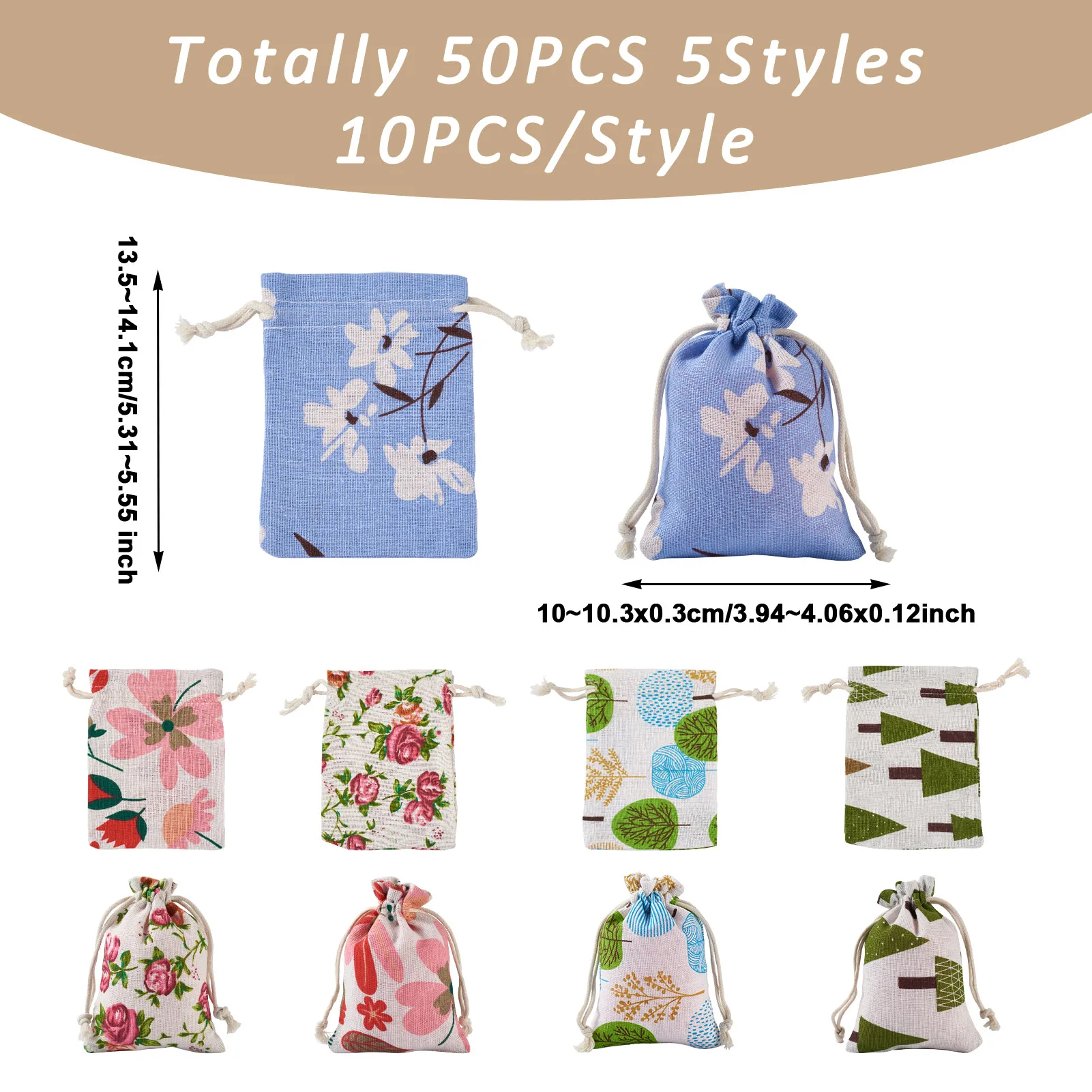 50Pcs Mixed Plant Pattern Cloth Packing Pouches Rectangle Drawstring Bags DIY Jewelry Gift Multifunctional Storage Findings