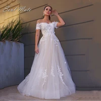 elegant a line 2022 womens wedding dress strapless short sleeve off the shoulder floor length lace high waist celebrity dresses
