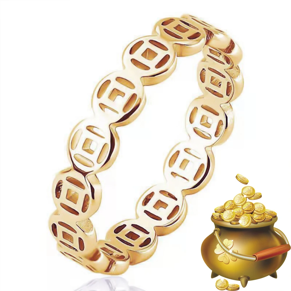 

Кольцо из титановой стали, Золотое кольцо с изображением богатства, на удачу, кольцо с изображением Ловца денег, монеты, кольцо из нержавеющей стали, фэн-шуй, пикси, мантровые кольца, подарок для мужчин и женщин